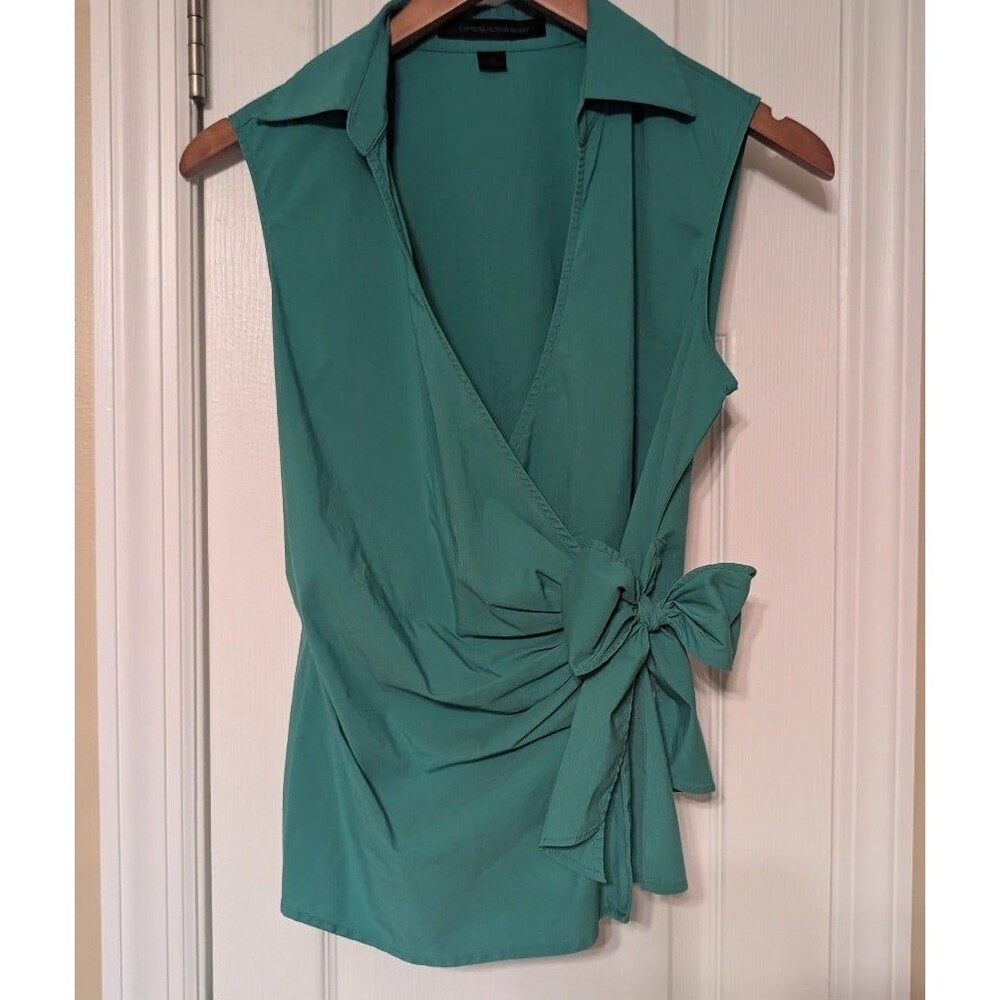 Y2K Express Teal Green Sleeveless Wrap Side Bow Tie V-Neck Blouse Office Siren